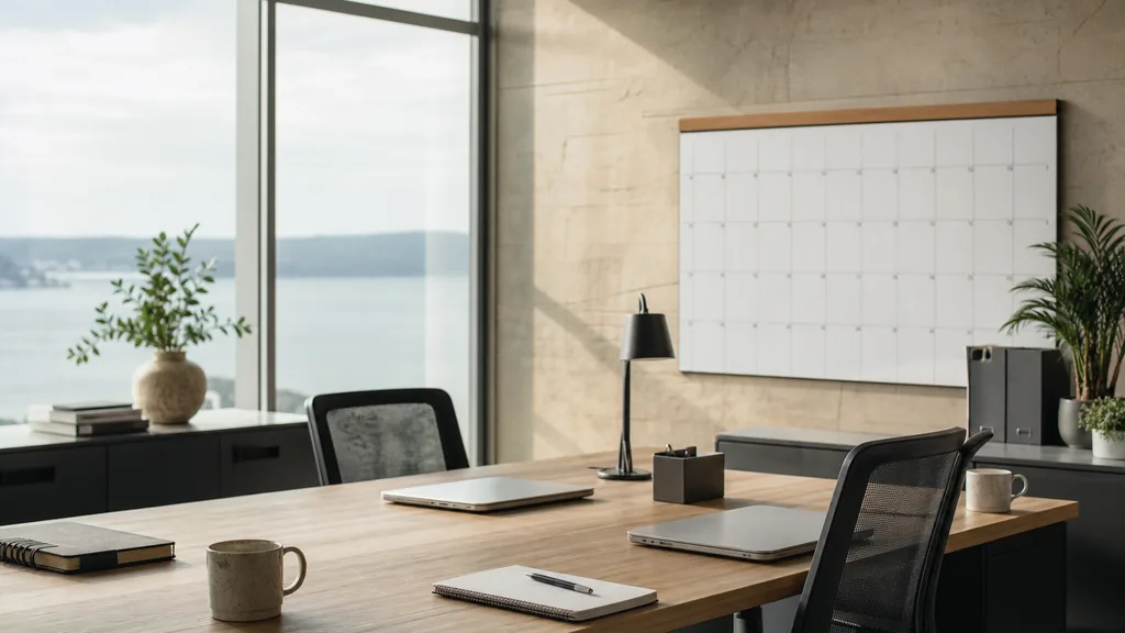 Editorial photograph of an empty modern email marketing studio in a Cardiff bayside studio with pale stone walls, tall windows and soft overcast Welsh light, a widescreen monitor showing a blank campaign calendar and an automation flow builder, a keyboard and a mug on a wooden desk, no people and no signage