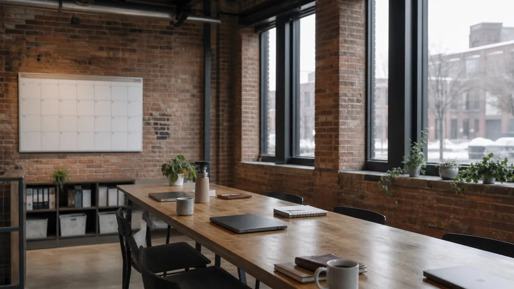 Editorial photograph of an empty modern email marketing studio in a Hamilton Ontario brick industrial conversion with heavy timber beams and cool flat northern light, a widescreen monitor showing a blank campaign calendar and an automation flow builder, a keyboard and a mug on a wooden desk, no people and no signage