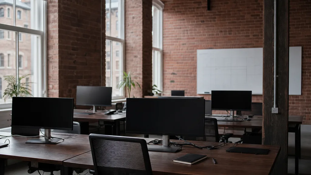 Editorial photograph of an empty modern marketing analytics studio in a Belfast linen mill conversion with red brick, black steel window frames and soft grey Irish daylight, a widescreen monitor showing a blank dashboard and a tag manager container, a keyboard and a mug on a wooden desk, no people and no signage