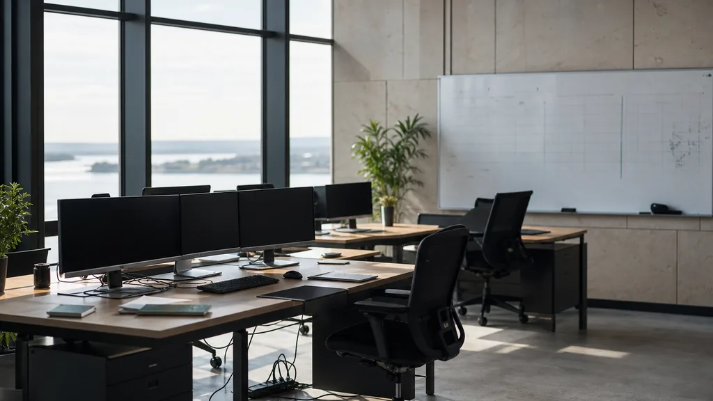 Editorial photograph of an empty modern marketing analytics studio in a Cardiff bayside studio with pale stone walls, tall windows and soft overcast Welsh light, a widescreen monitor showing a blank dashboard and a tag manager container, a keyboard and a mug on a wooden desk, no people and no signage