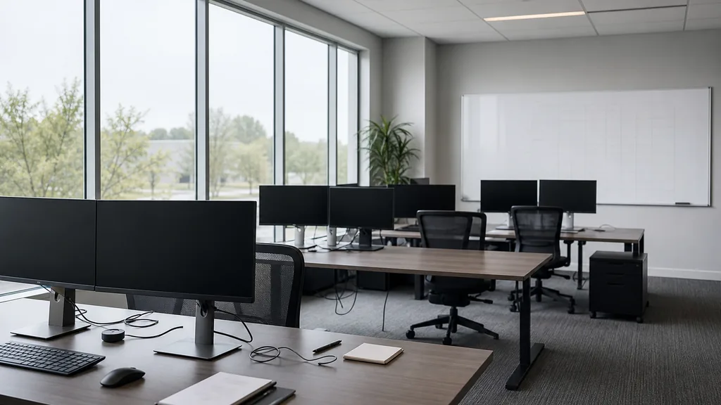 Editorial photograph of an empty modern marketing analytics studio in a Mississauga low-rise office suite with wide glazing, grey carpet and bright flat Ontario light, a widescreen monitor showing a blank dashboard and a tag manager container, a keyboard and a mug on a wooden desk, no people and no signage