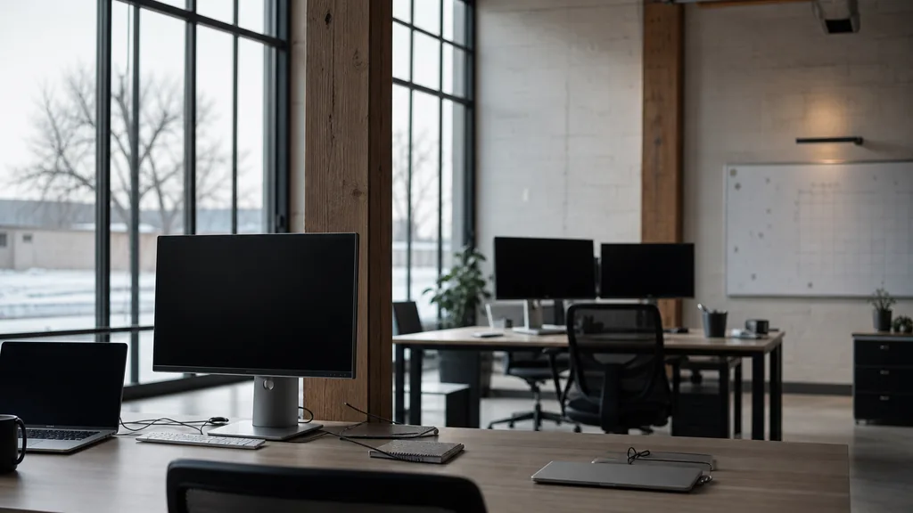 Editorial photograph of an empty modern marketing analytics studio in a Winnipeg prairie warehouse conversion with tall windows, timber beams and hard cold winter light, a widescreen monitor showing a blank dashboard and a tag manager container, a keyboard and a mug on a wooden desk, no people and no signage