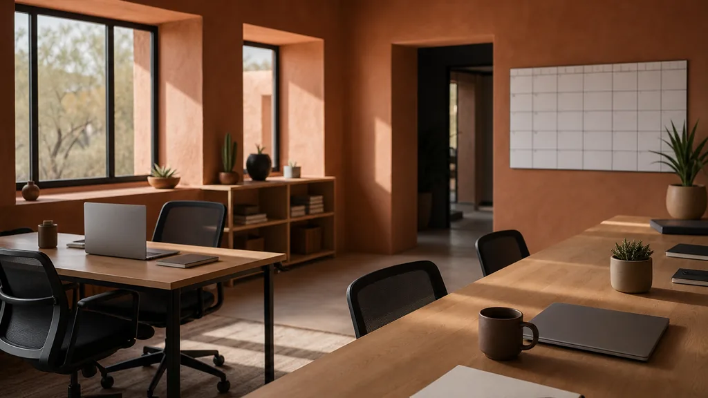 Editorial photograph of an empty modern email marketing studio in a Tucson adobe and stucco office with deep-set windows, terracotta tones and hard desert daylight, a long desk with closed laptops, a wall calendar grid and notebooks, no people and no signage