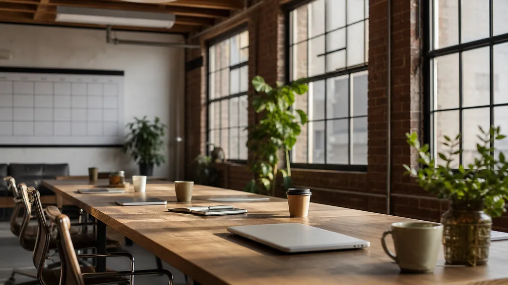 Editorial photograph of an empty modern email marketing studio in an Oakland brick warehouse conversion with steel sash windows, exposed timber and soft bay light, a long desk with closed laptops, a wall calendar grid and notebooks, no people and no signage