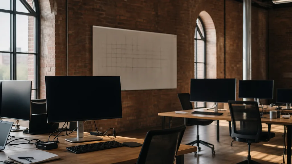 Editorial photograph of an empty modern marketing analytics studio in a Memphis cotton warehouse conversion with brick walls, tall arched windows and warm southern light, desks with dark dashboard screens switched off, a whiteboard and notebooks, no people and no signage