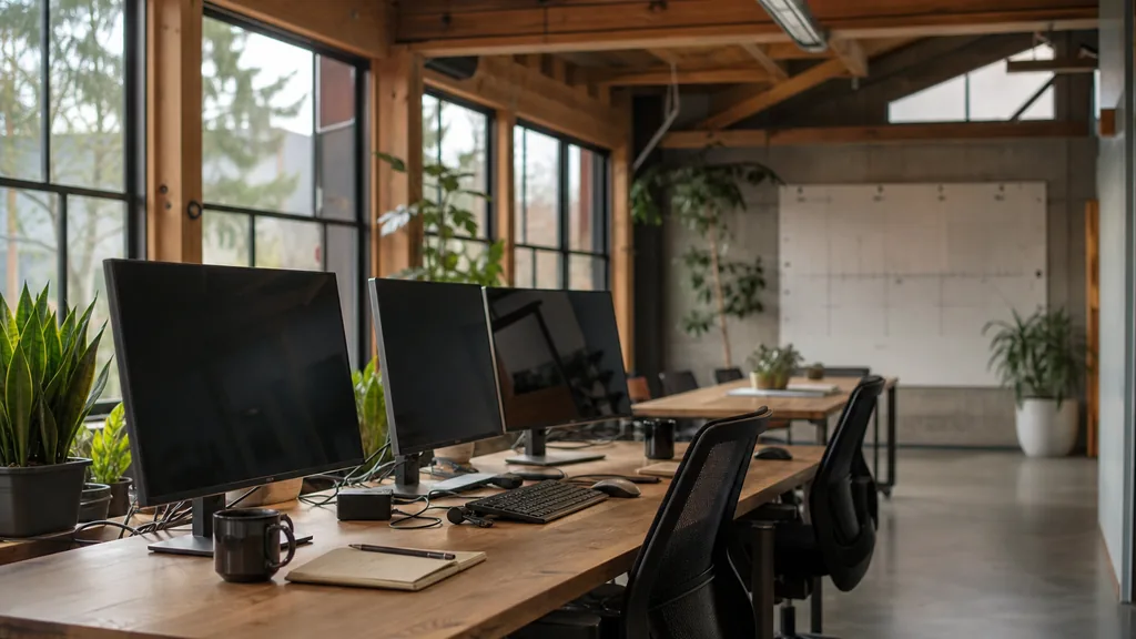 Editorial photograph of an empty modern marketing analytics studio in a Portland timber-framed office with wide glazing, plants and soft grey Pacific Northwest light, desks with dark dashboard screens switched off, a whiteboard and notebooks, no people and no signage