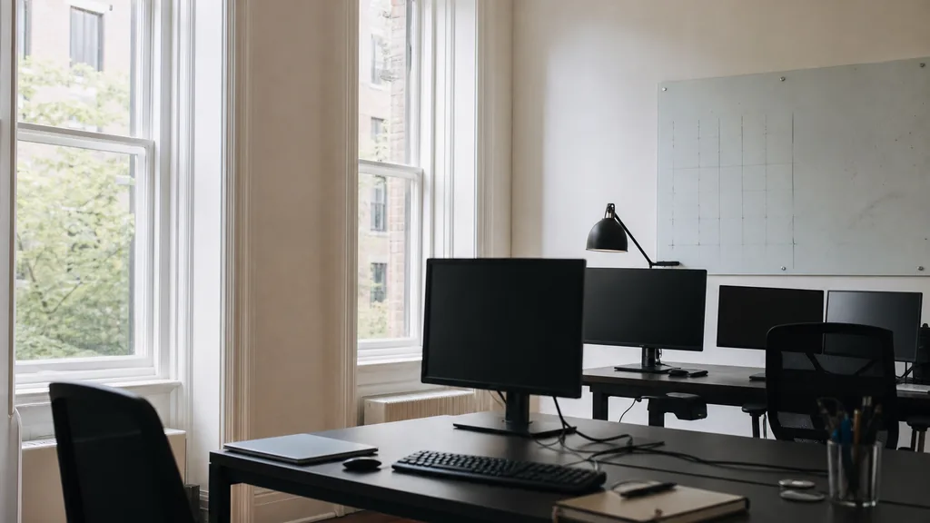 Editorial photograph of an empty modern marketing analytics studio in a Washington DC row house office with tall sash windows, pale plaster walls and crisp mid-Atlantic daylight, desks with dark dashboard screens switched off, a whiteboard and notebooks, no people and no signage