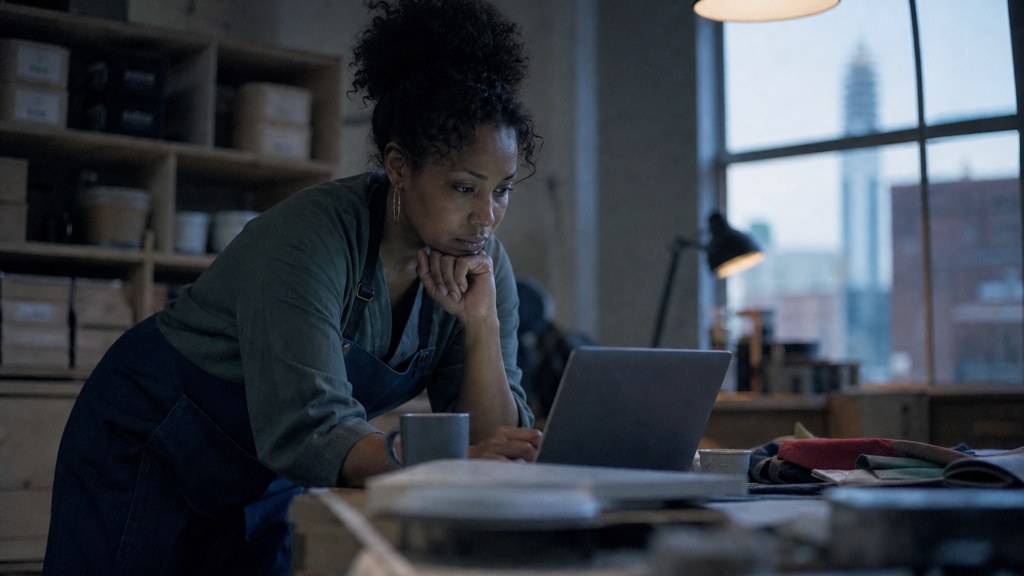 A small-business owner in an apron leaning over a laptop on a cluttered back-office desk late in the day, photographed in Birmingham