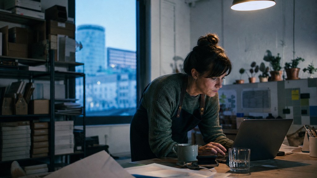 A small-business owner in an apron leaning over a laptop on a cluttered back-office desk late in the day, photographed in Birmingham