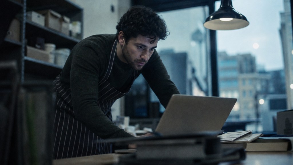 A small-business owner in an apron leaning over a laptop on a cluttered back-office desk late in the day, photographed in Birmingham