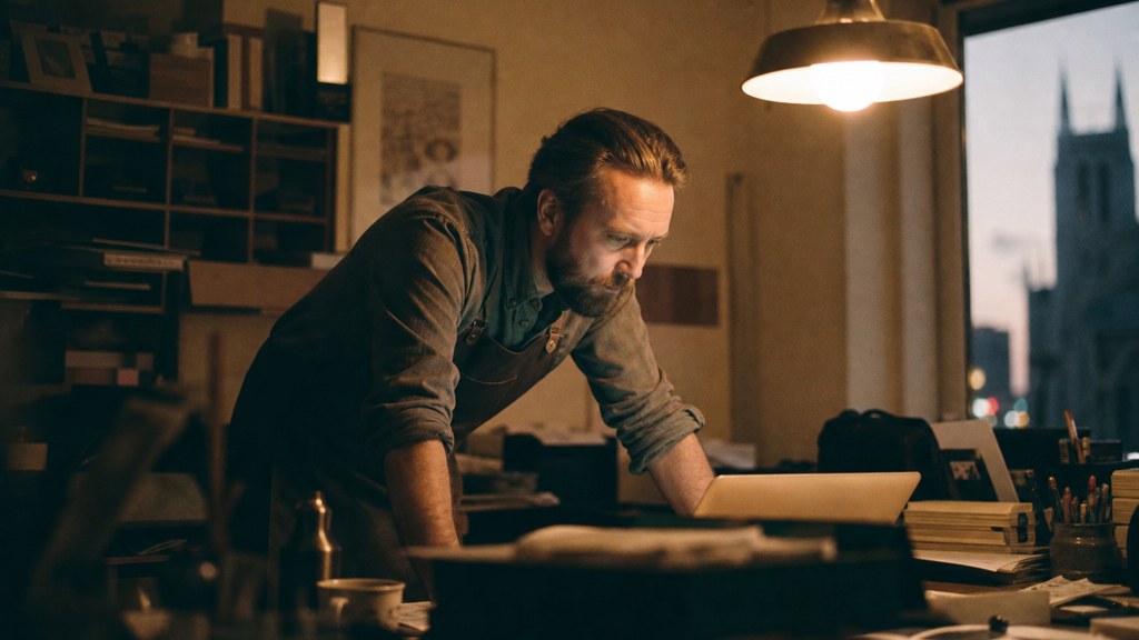 A small-business owner in an apron leaning over a laptop on a cluttered back-office desk late in the day, photographed in Birmingham