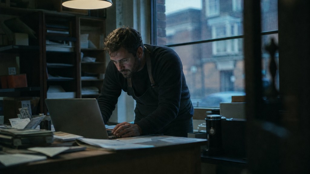 A small-business owner in an apron leaning over a laptop on a cluttered back-office desk late in the day, photographed in Birmingham