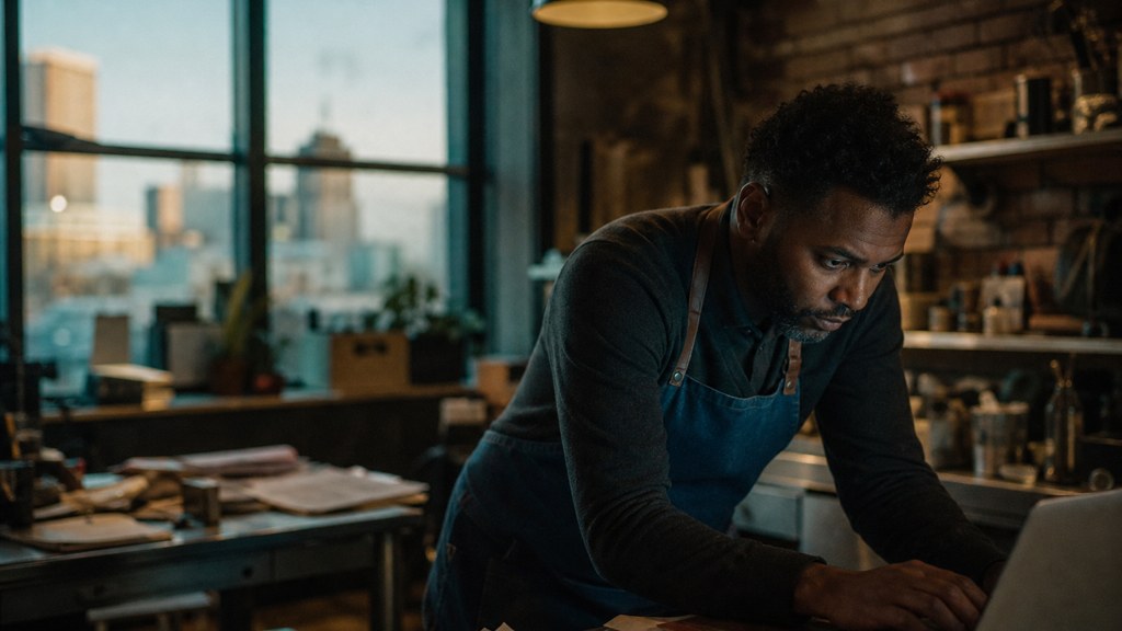 A small-business owner in an apron leaning over a laptop on a cluttered back-office desk late in the day, photographed in Birmingham