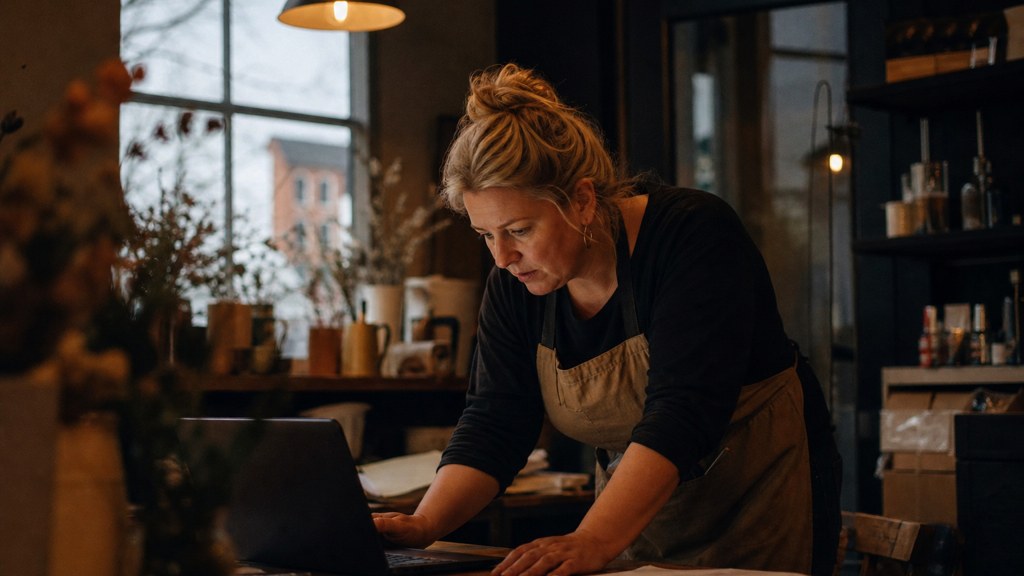 A small-business owner in an apron leaning over a laptop on a cluttered back-office desk late in the day, photographed in Birmingham