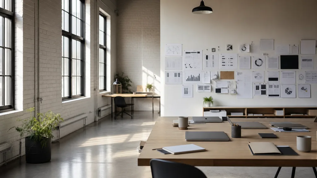 Editorial photograph of an empty modern marketing studio in an Edmonton warehouse conversion with pale brick, tall windows and hard bright prairie winter light, a widescreen monitor showing a blank reporting view, a keyboard and a mug on a wooden desk, no people and no signage