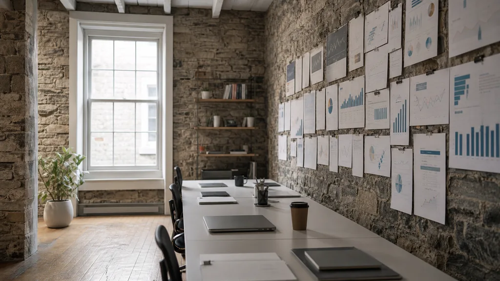 Editorial photograph of an empty modern marketing studio in a Quebec City stone building office with thick walls, deep window reveals and cool northern daylight, a widescreen monitor showing a blank reporting view, a keyboard and a mug on a wooden desk, no people and no signage