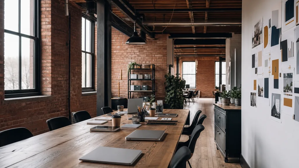 Editorial photograph of an empty modern marketing studio in a Kitchener red brick factory conversion with timber beams, iron columns and flat Ontario daylight, a widescreen monitor showing a blank reporting view, a keyboard and a mug on a wooden desk, no people and no signage