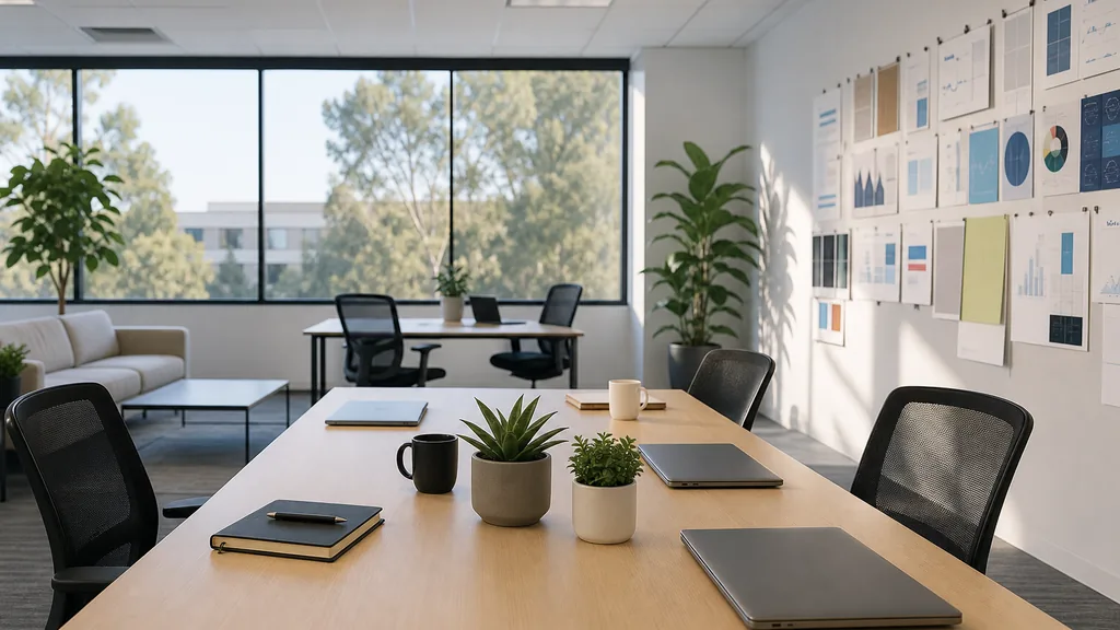 Editorial photograph of an empty modern marketing studio in an Irvine business park suite with wide glazing, white walls and bright even Southern California light, a widescreen monitor showing a blank reporting view, a keyboard and a mug on a wooden desk, no people and no signage