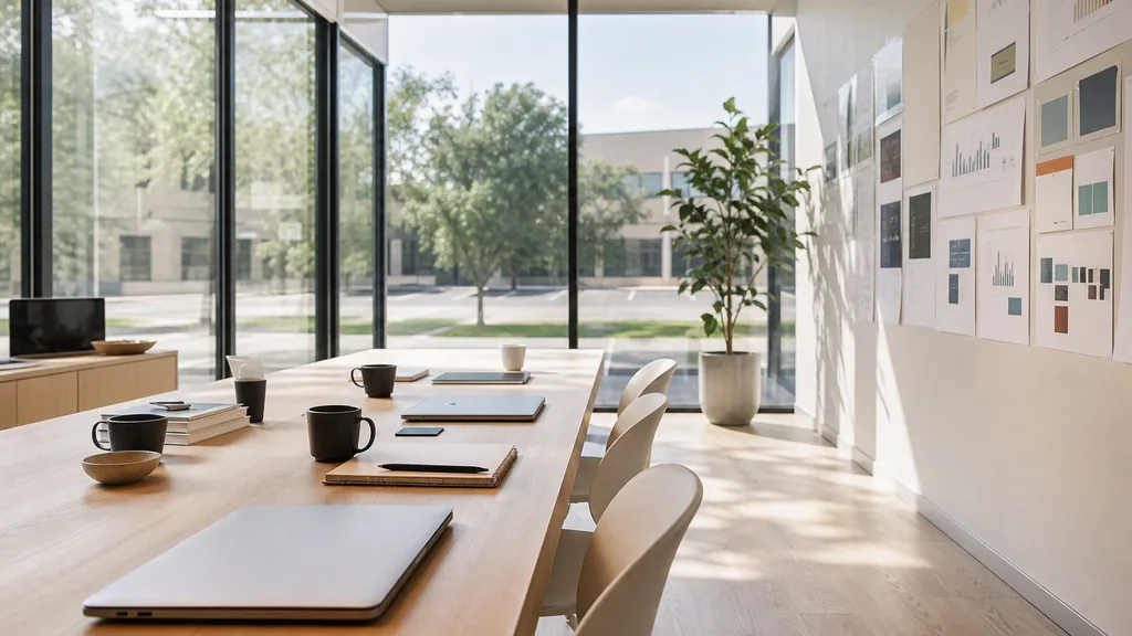 Editorial photograph of an empty modern marketing studio in a Plano low-rise office suite with wide glass, pale oak floors and strong flat North Texas sunlight, a widescreen monitor showing a blank reporting view, a keyboard and a mug on a wooden desk, no people and no signage