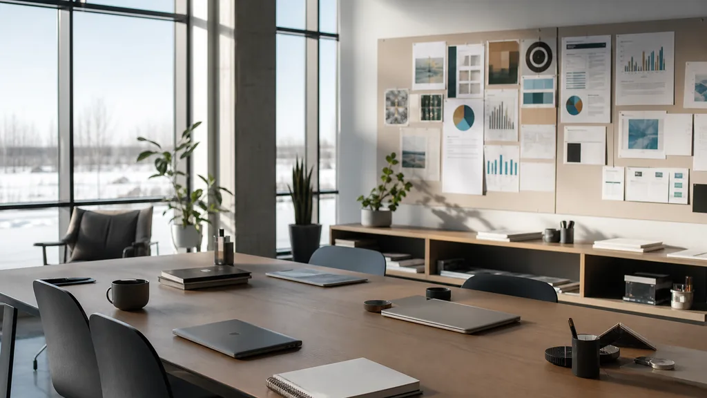 Editorial photograph of an empty modern marketing studio in an Edmonton office with concrete floors, tall windows and crisp cold prairie daylight, a widescreen monitor showing a blank reporting view, a keyboard and a mug on a wooden desk, no people and no signage