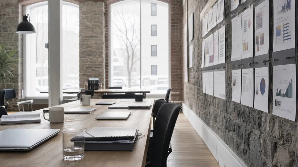Editorial photograph of an empty modern marketing studio in a Quebec City loft office with exposed stone, arched windows and soft grey winter light, a widescreen monitor showing a blank reporting view, a keyboard and a mug on a wooden desk, no people and no signage