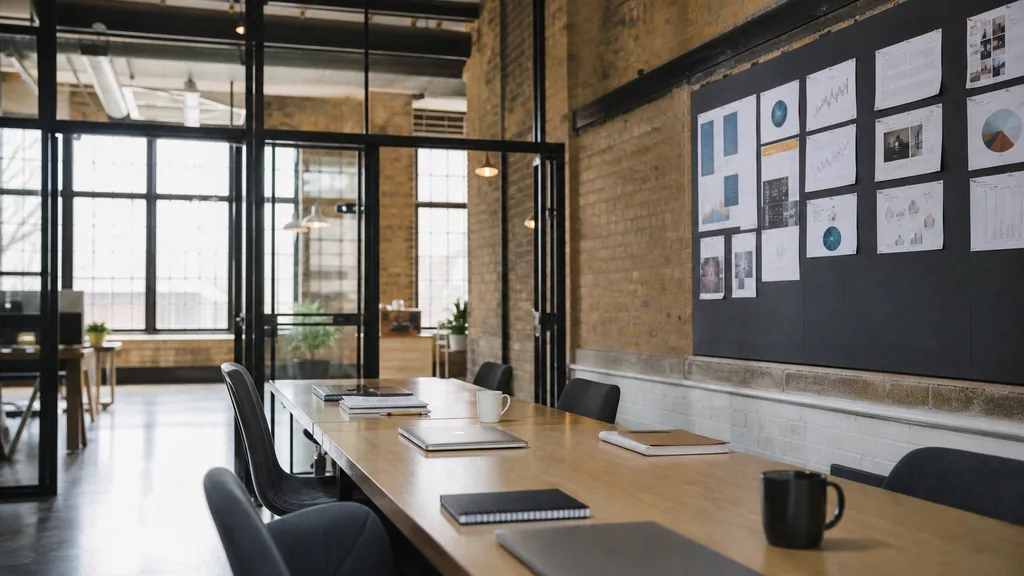 Editorial photograph of an empty modern marketing studio in a Kitchener brick mill office with black steel frames, high ceilings and cool Ontario light, a widescreen monitor showing a blank reporting view, a keyboard and a mug on a wooden desk, no people and no signage