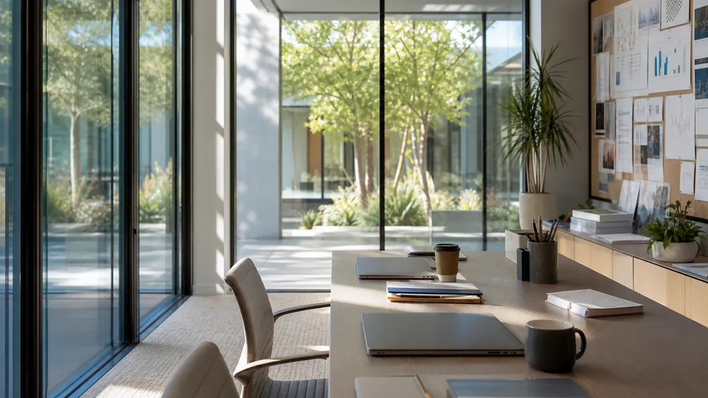 Editorial photograph of an empty modern marketing studio in an Irvine glass-walled office with pale carpet, planted courtyard views and bright California light, a widescreen monitor showing a blank reporting view, a keyboard and a mug on a wooden desk, no people and no signage