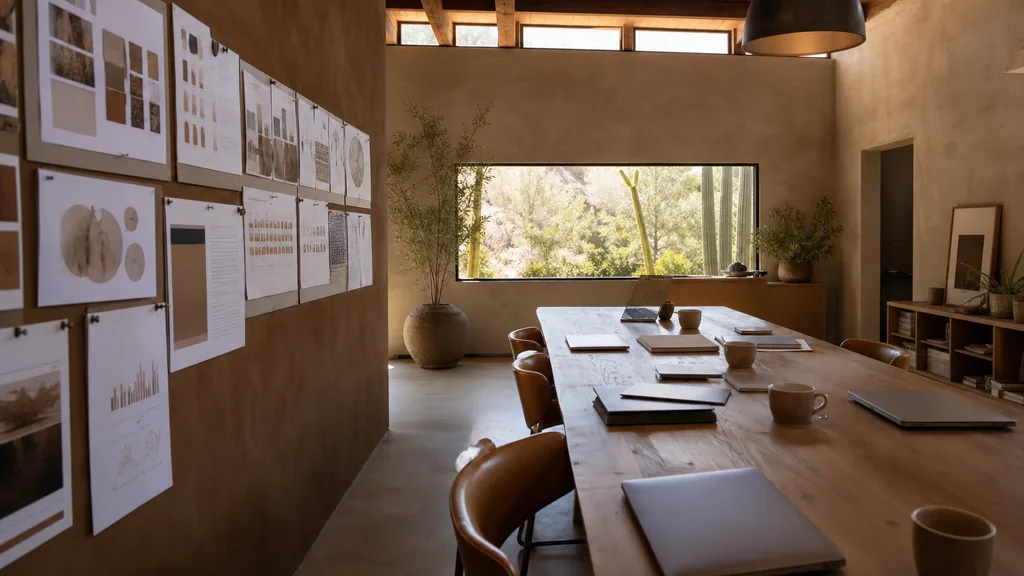 Editorial photograph of an empty modern marketing studio in a Scottsdale desert-modern studio with adobe walls, clerestory windows and hot bright Arizona light, a widescreen monitor showing a blank reporting view, a keyboard and a mug on a wooden desk, no people and no signage