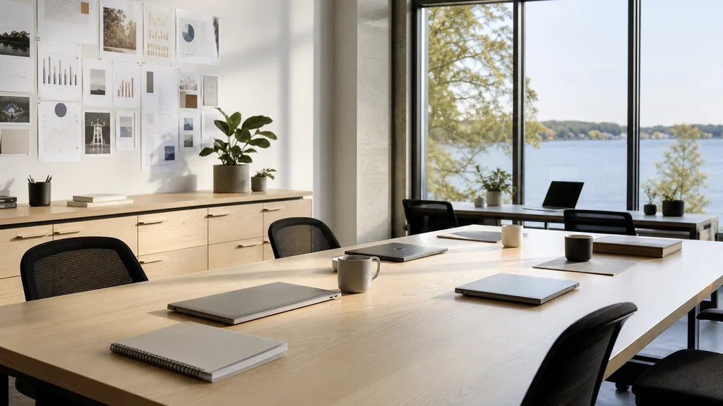 Editorial photograph of an empty modern marketing studio in a Madison lakeside office with pale wood, tall windows and clear Wisconsin daylight, a widescreen monitor showing a blank reporting view, a keyboard and a mug on a wooden desk, no people and no signage