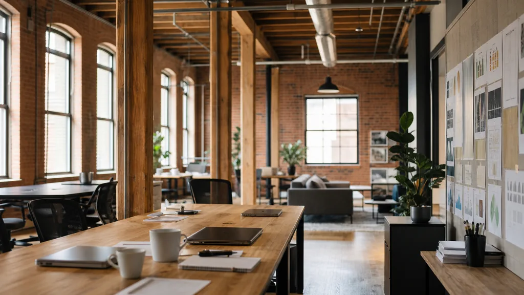 Editorial photograph of an empty modern marketing studio in a Durham converted tobacco warehouse office with red brick, heavy timber and warm Carolina light, a widescreen monitor showing a blank reporting view, a keyboard and a mug on a wooden desk, no people and no signage