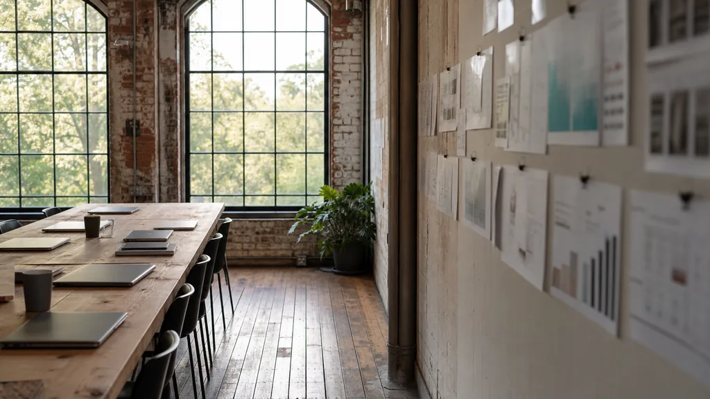 Editorial photograph of an empty modern marketing studio in a Providence mill building studio with arched windows, worn plank floors and soft New England light, a widescreen monitor showing a blank reporting view, a keyboard and a mug on a wooden desk, no people and no signage