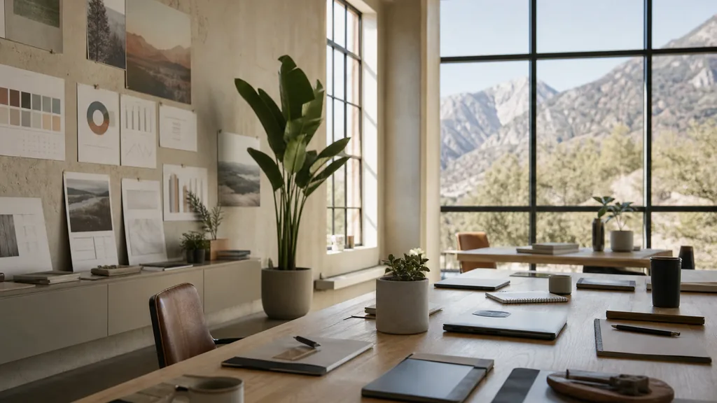 Editorial photograph of an empty modern marketing studio in a Colorado Springs studio with pale plaster walls, wide windows and hard bright mountain light, a widescreen monitor showing a blank reporting view, a keyboard and a mug on a wooden desk, no people and no signage