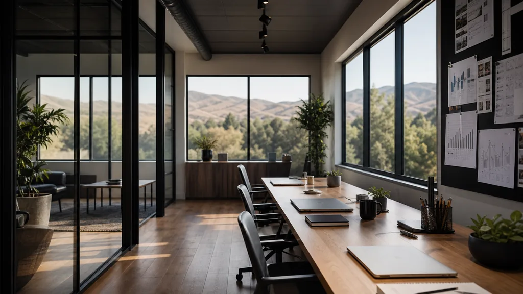 Editorial photograph of an empty modern marketing studio in a Boise office with warm oak floors, black steel frames and clean high desert daylight, a widescreen monitor showing a blank reporting view, a keyboard and a mug on a wooden desk, no people and no signage