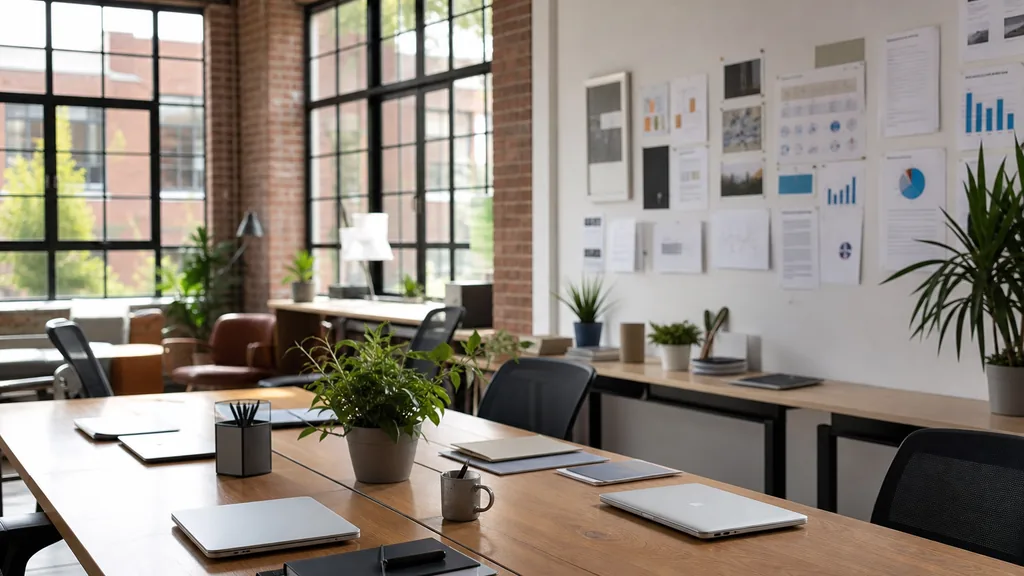 Editorial photograph of an empty modern marketing studio in a Madison brick and glass office with white walls, plants and even midwestern daylight, a widescreen monitor showing a blank reporting view, a keyboard and a mug on a wooden desk, no people and no signage