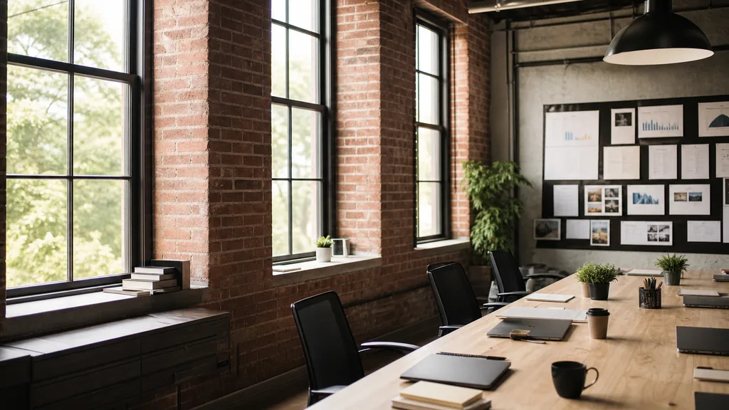 Editorial photograph of an empty modern marketing studio in a Durham loft office with exposed brick columns, black windows and bright Carolina light, a widescreen monitor showing a blank reporting view, a keyboard and a mug on a wooden desk, no people and no signage