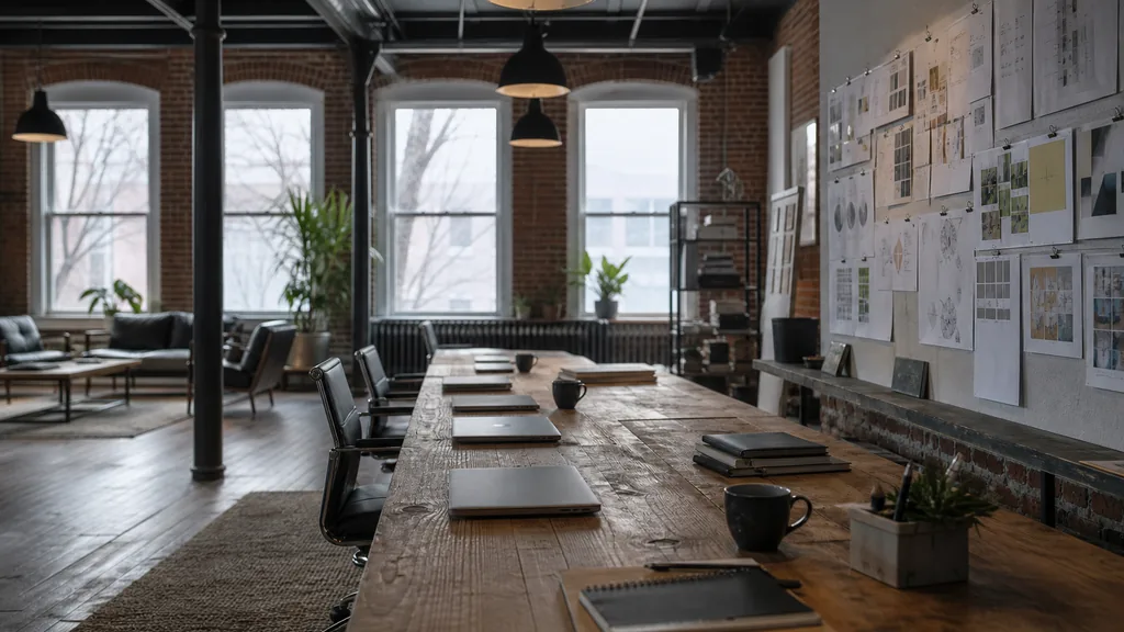 Editorial photograph of an empty modern marketing studio in a Providence brick studio with iron columns, high ceilings and cool grey coastal light, a widescreen monitor showing a blank reporting view, a keyboard and a mug on a wooden desk, no people and no signage