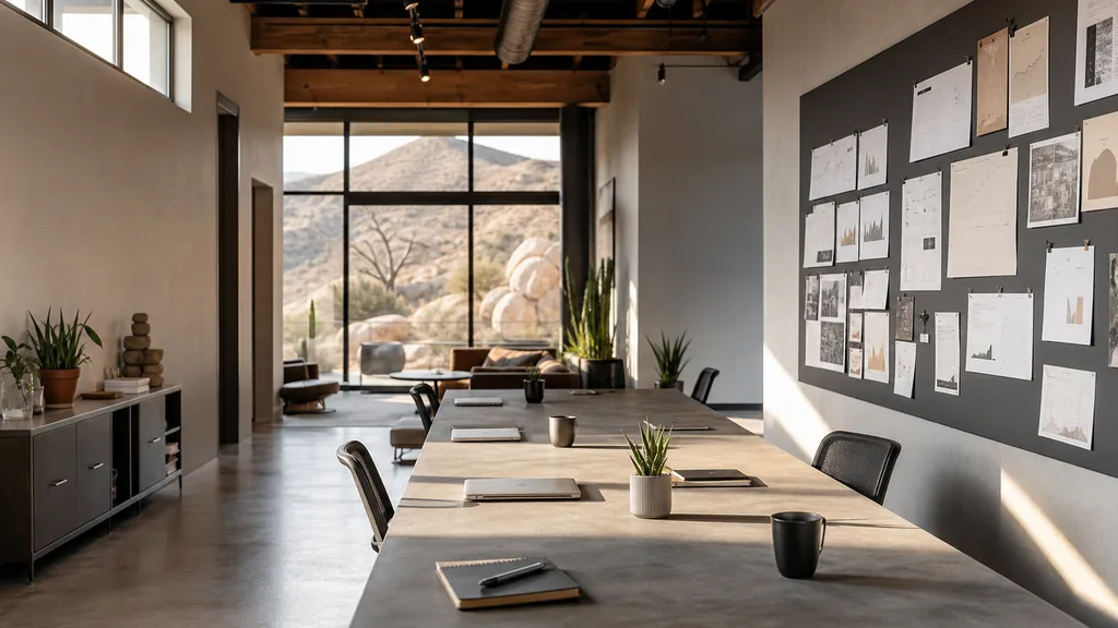 Editorial photograph of an empty modern marketing studio in a Colorado Springs desert-modern office with concrete floors, clerestory glazing and strong Colorado sun, a widescreen monitor showing a blank reporting view, a keyboard and a mug on a wooden desk, no people and no signage