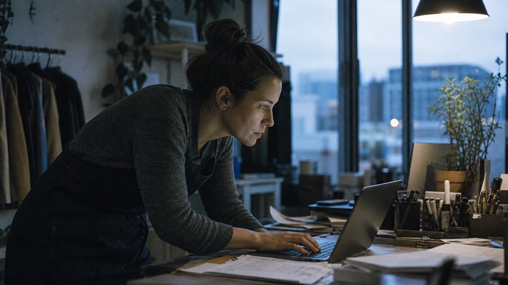 A small-business owner in an apron leaning over a laptop on a cluttered back-office desk late in the day, photographed in Boise