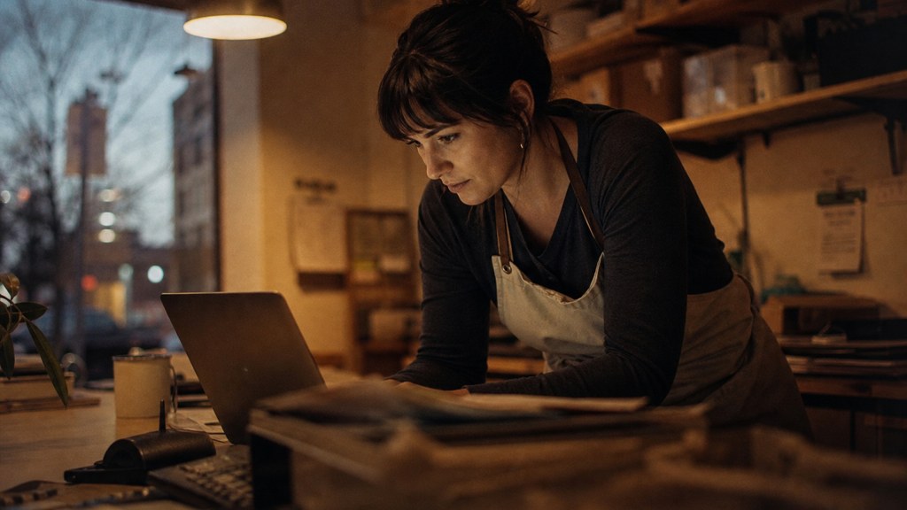 A small-business owner in an apron leaning over a laptop on a cluttered back-office desk late in the day, photographed in Boise