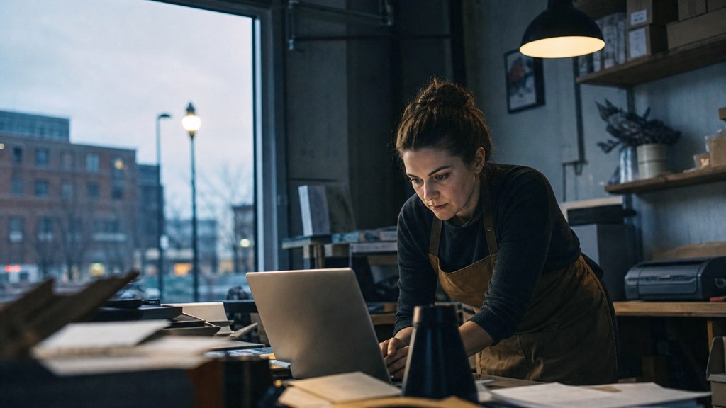 A small-business owner in an apron leaning over a laptop on a cluttered back-office desk late in the day, photographed in Boise