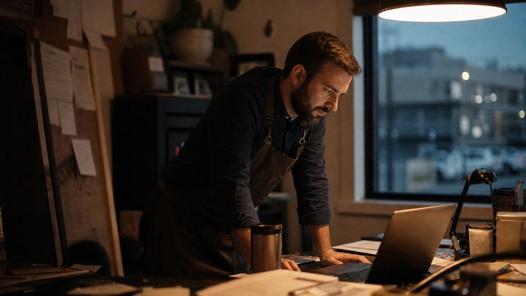 A small-business owner in an apron leaning over a laptop on a cluttered back-office desk late in the day, photographed in Boise