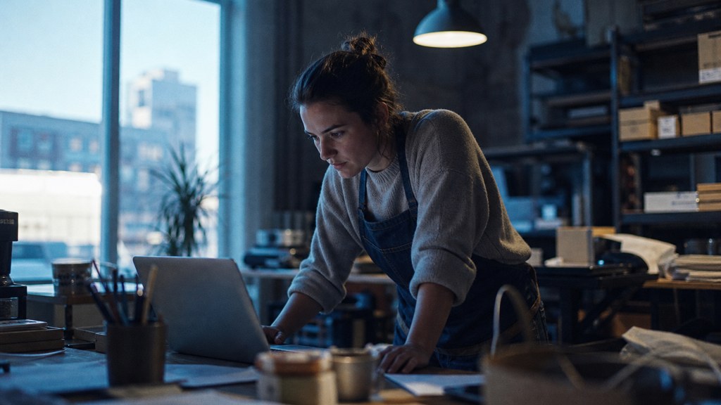 A small-business owner in an apron leaning over a laptop on a cluttered back-office desk late in the day, photographed in Boise