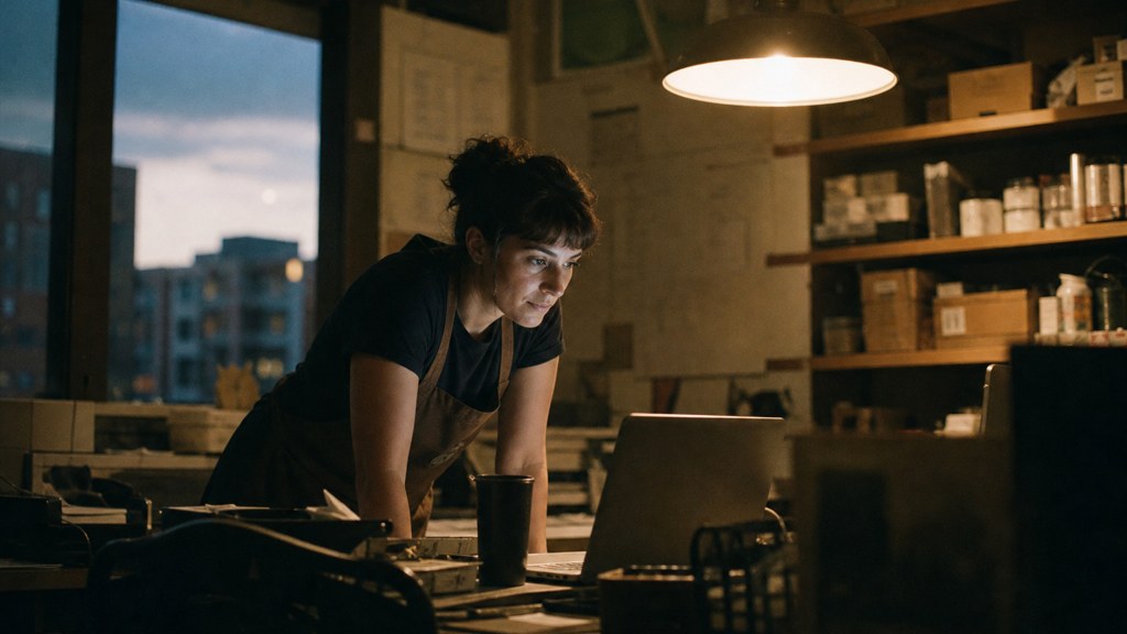 A small-business owner in an apron leaning over a laptop on a cluttered back-office desk late in the day, photographed in Boise