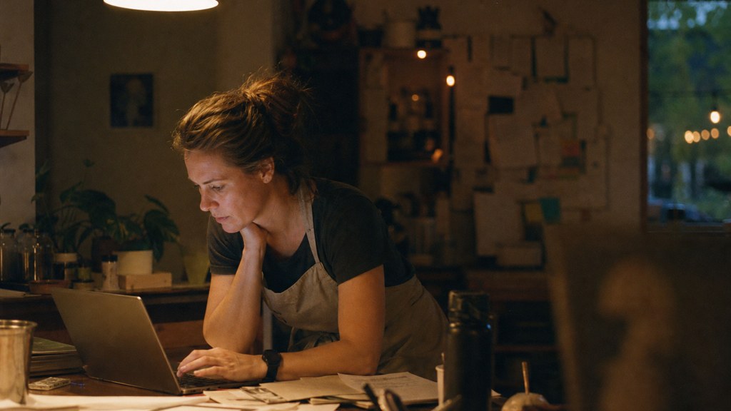 A small-business owner in an apron leaning over a laptop on a cluttered back-office desk late in the day, photographed in Boise