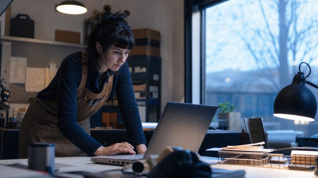 A small-business owner in an apron leaning over a laptop on a cluttered back-office desk late in the day, photographed in Boise