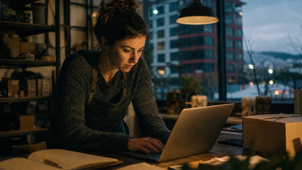A small-business owner in an apron leaning over a laptop on a cluttered back-office desk late in the day, photographed in Boise