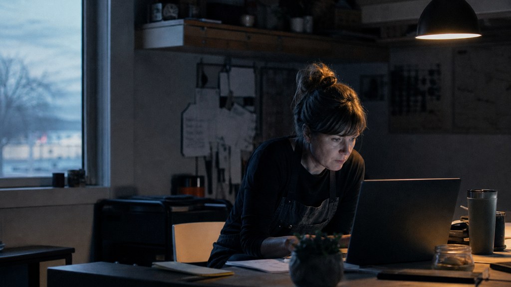 A small-business owner in an apron leaning over a laptop on a cluttered back-office desk late in the day, photographed in Boise