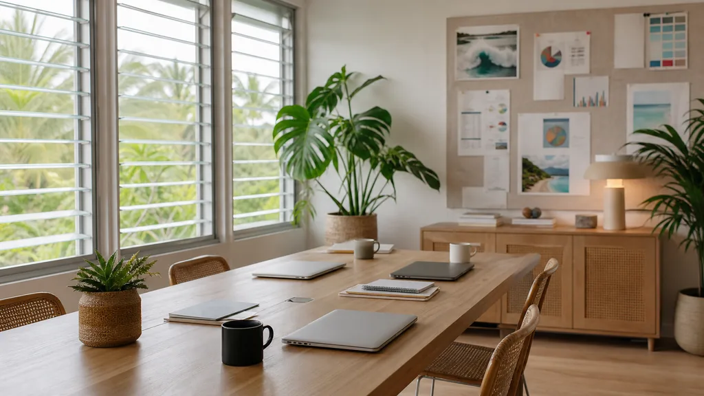 Editorial photograph of an empty modern marketing studio in a Honolulu office with pale wood, louvred windows, tropical plants and bright island daylight, a widescreen monitor showing a blank reporting view, a keyboard and a mug on a wooden desk, no people and no signage