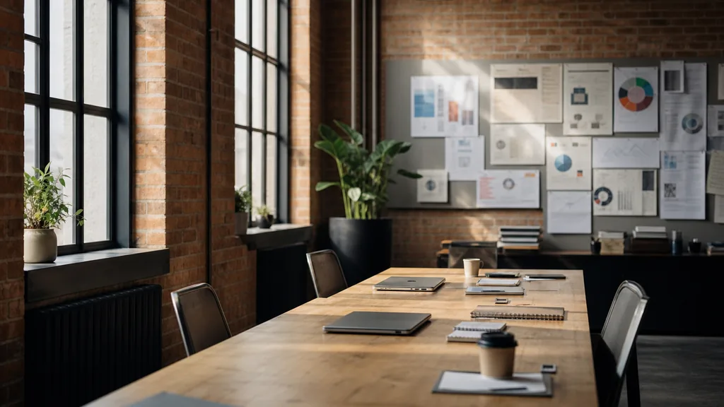 Editorial photograph of an empty modern marketing studio in a Tulsa art deco building office with warm brick, tall steel windows and clear Oklahoma light, a widescreen monitor showing a blank reporting view, a keyboard and a mug on a wooden desk, no people and no signage