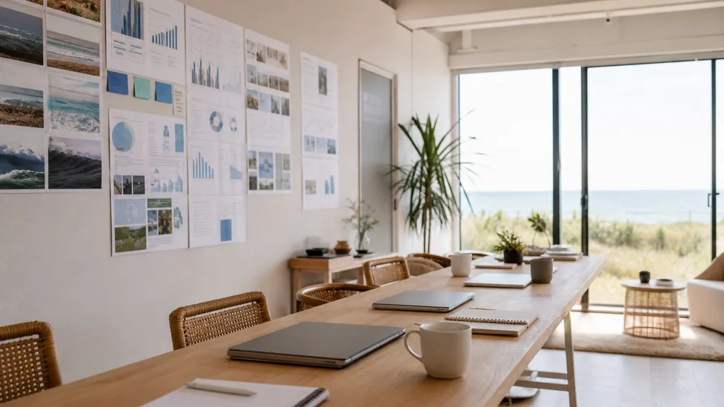 Editorial photograph of an empty modern marketing studio in a Virginia Beach coastal studio with white walls, wide glass and soft Atlantic morning light, a widescreen monitor showing a blank reporting view, a keyboard and a mug on a wooden desk, no people and no signage